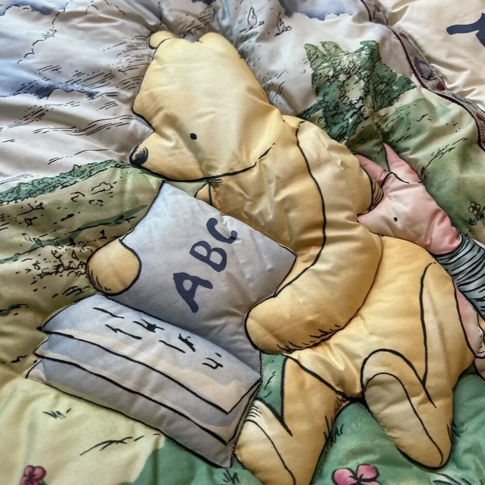 VTG Winnie the Pooh Baby Quilt Blanket Comforter Ruffles Crib 90s Alphabet
